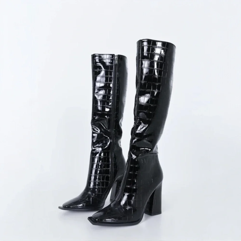 Princess Polly Mercury Knee High Boots Croc Print Black